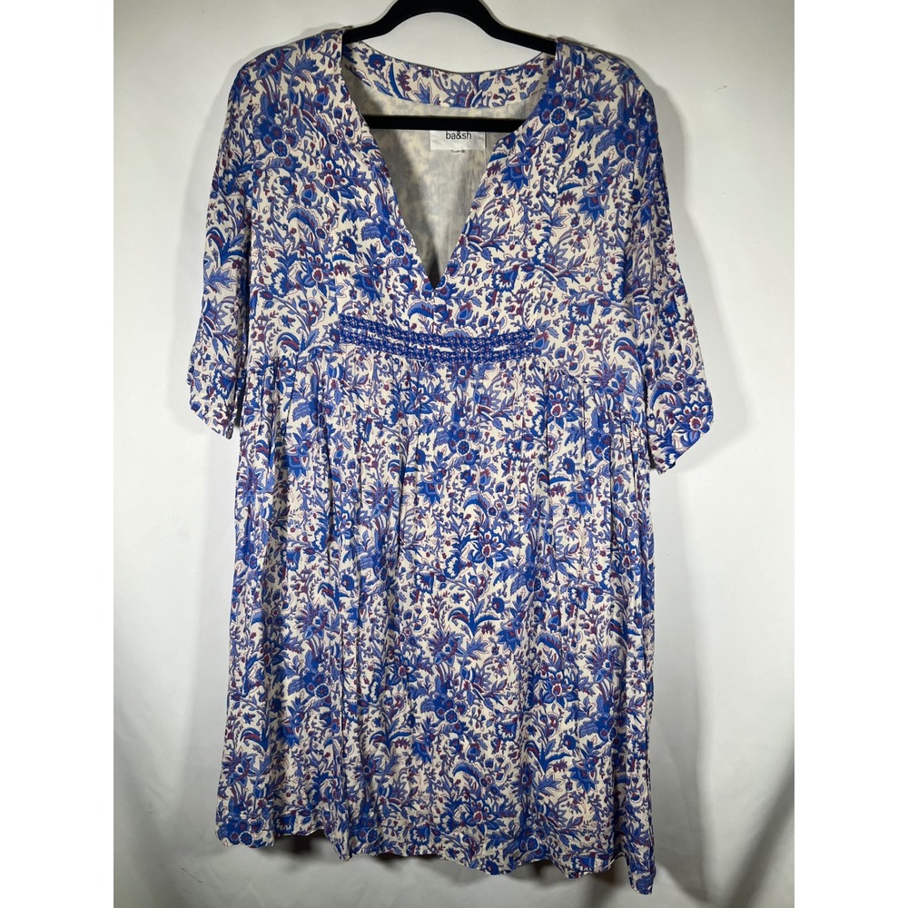 ba&sh Lady Dress Ecru Blue Floral Paisley Boho V-Neck Mini Dress Size 3 L 10